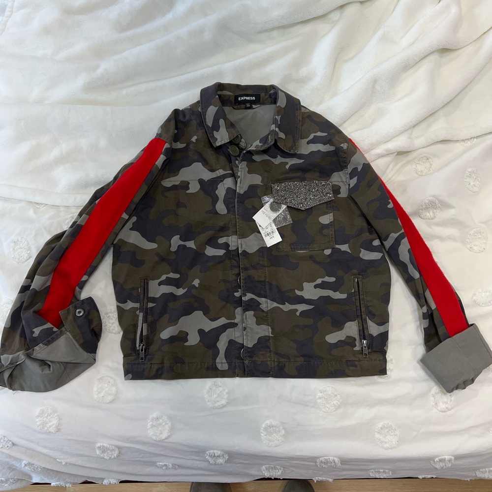 NWT XS/S Express camo jacket with red sleeve and rhinestone pocket accents